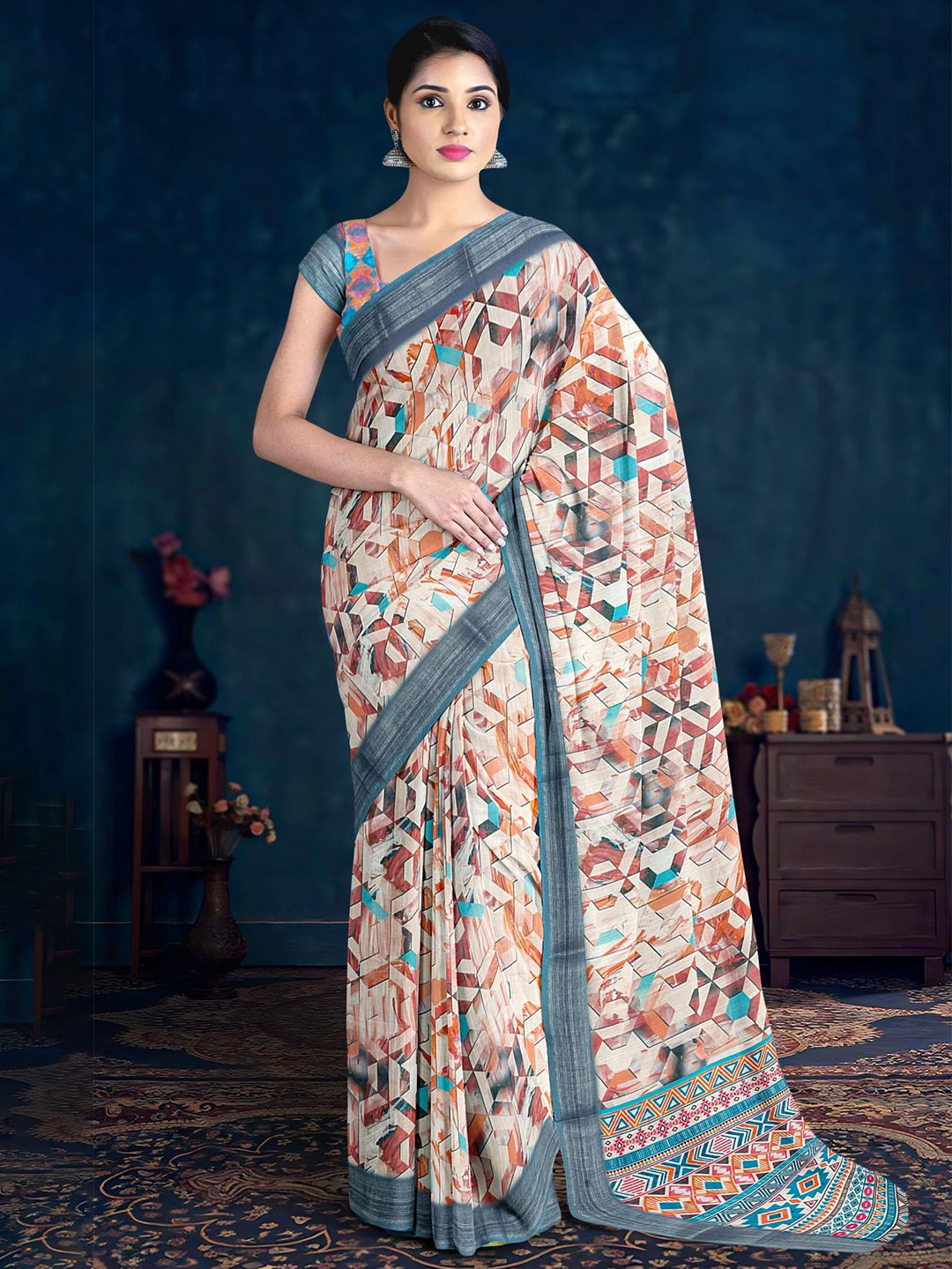 

Kalamandir Geometric Printed Saree, Peach