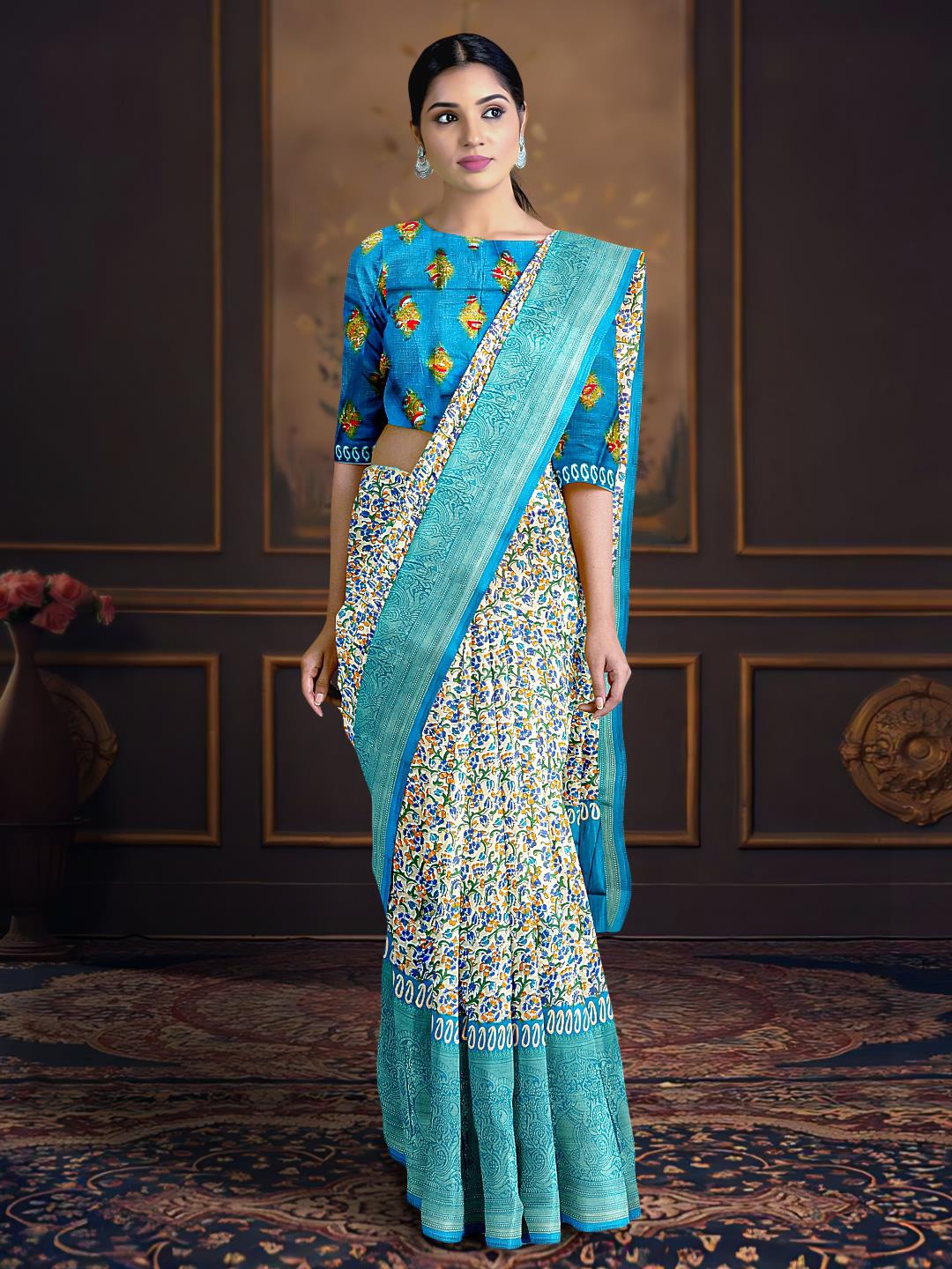 

Kalamandir Floral Printed Saree, Blue