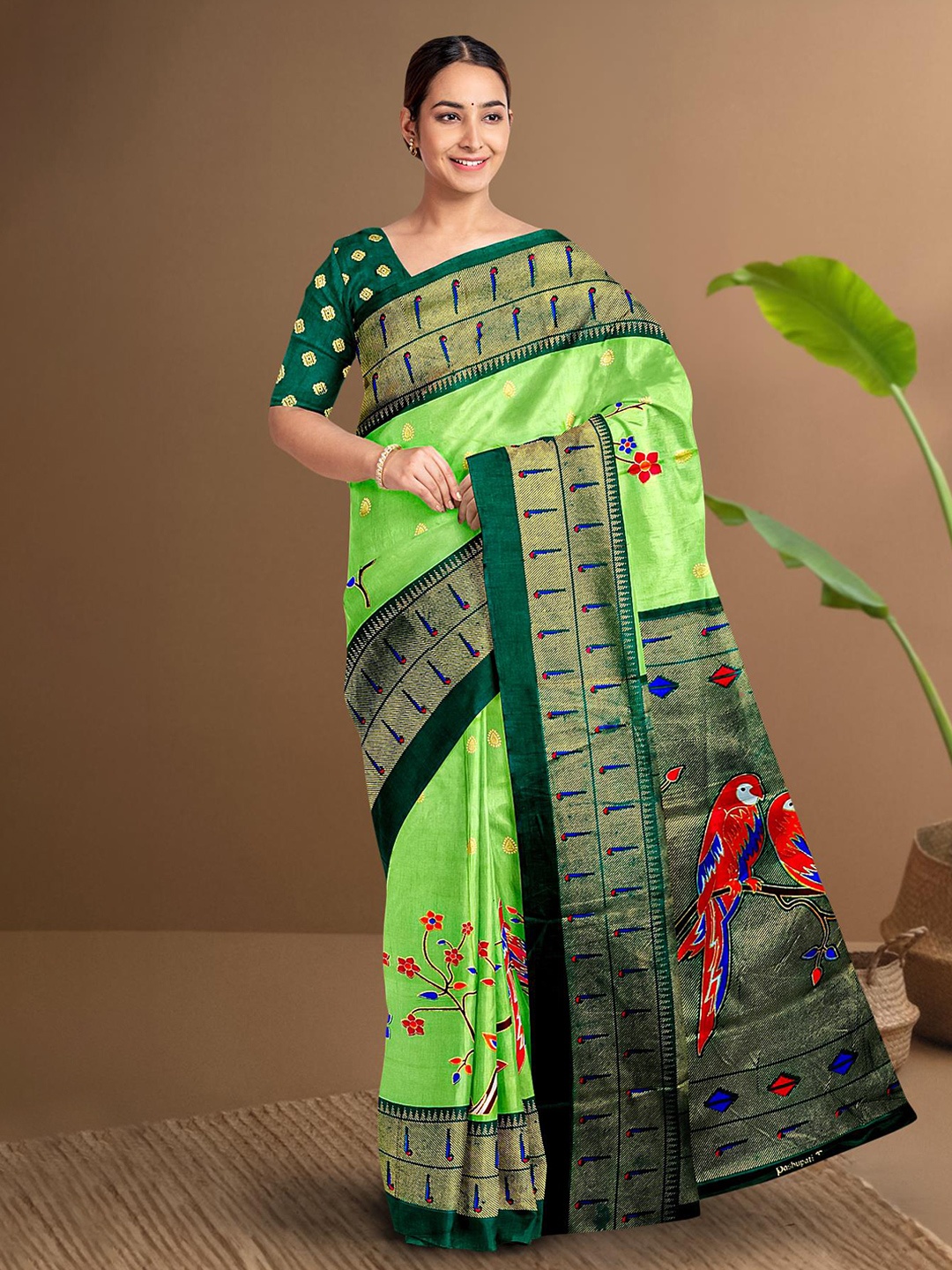 

Kalamandir Floral Printed Silk Blend Saree, Green