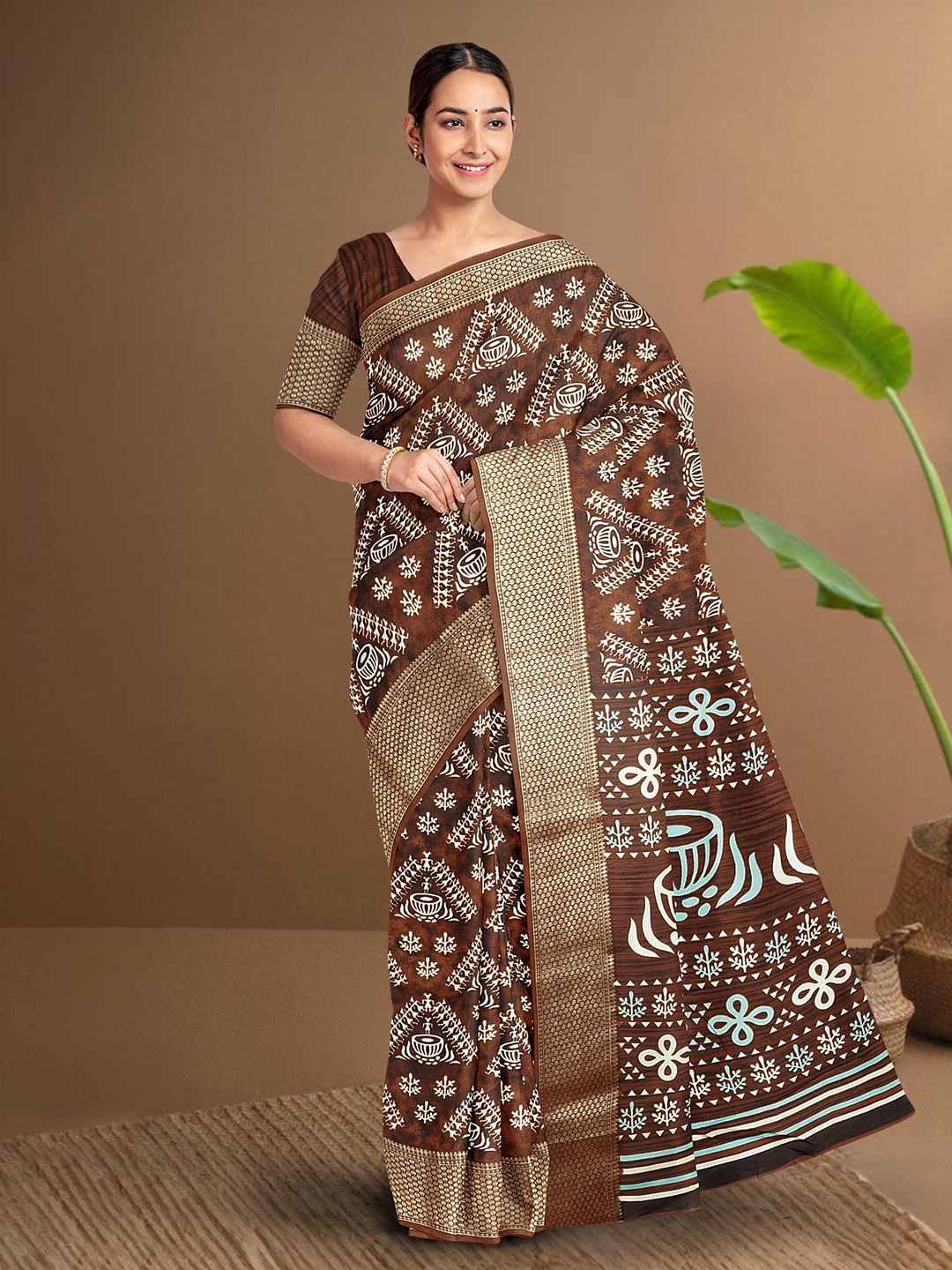 

Kalamandir Ethnic Motifs Printed Zari Detail Saree, Brown