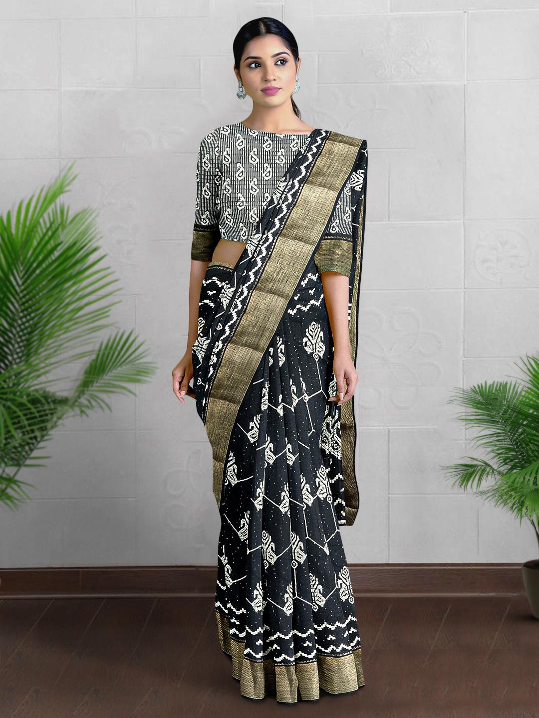 

Kalamandir Ethnic Motifs Printed Woven Design Silk Blend Saree, Black