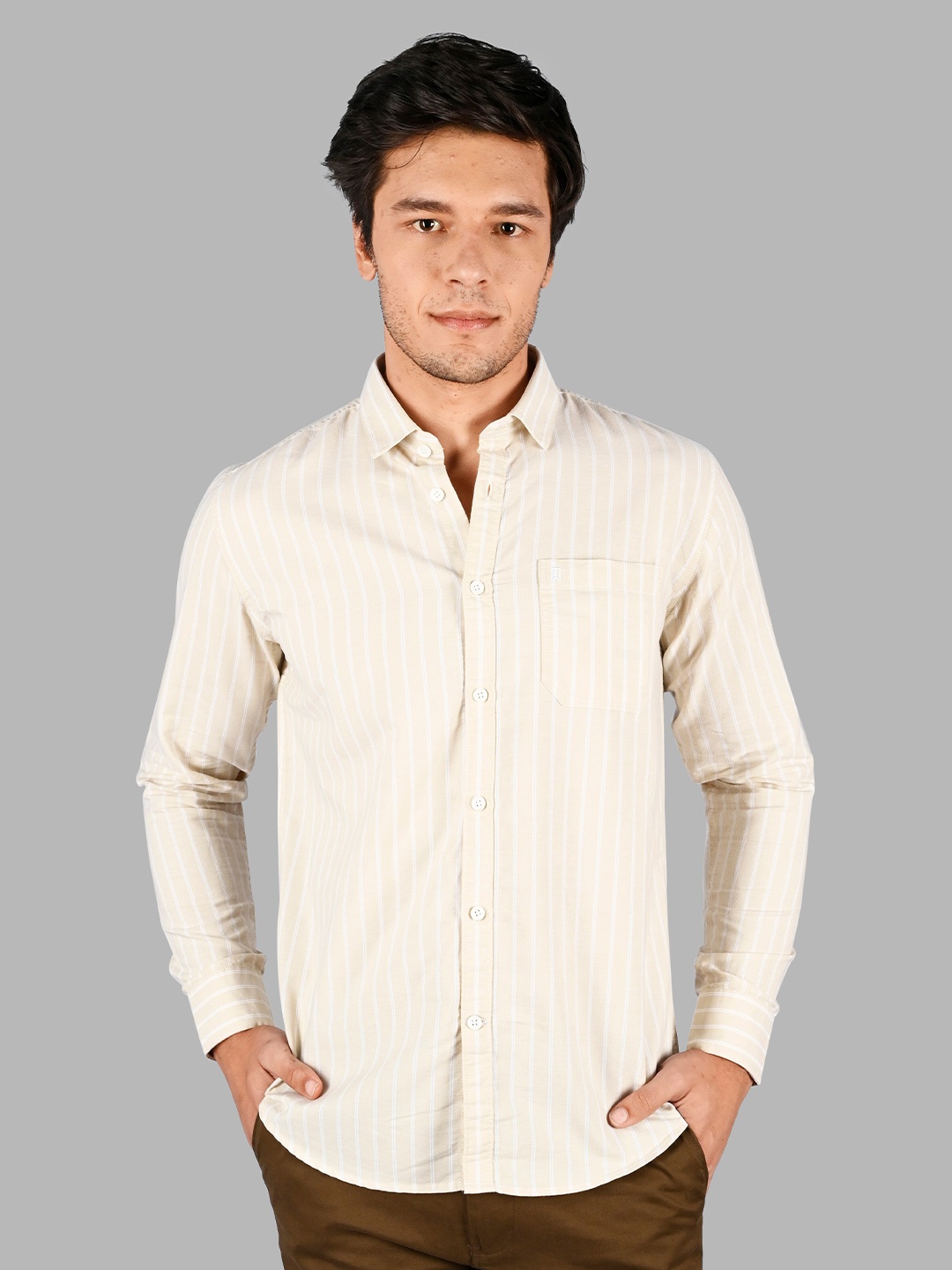 

TIM PARIS Comfort Striped Cotton Casual Shirt, Beige