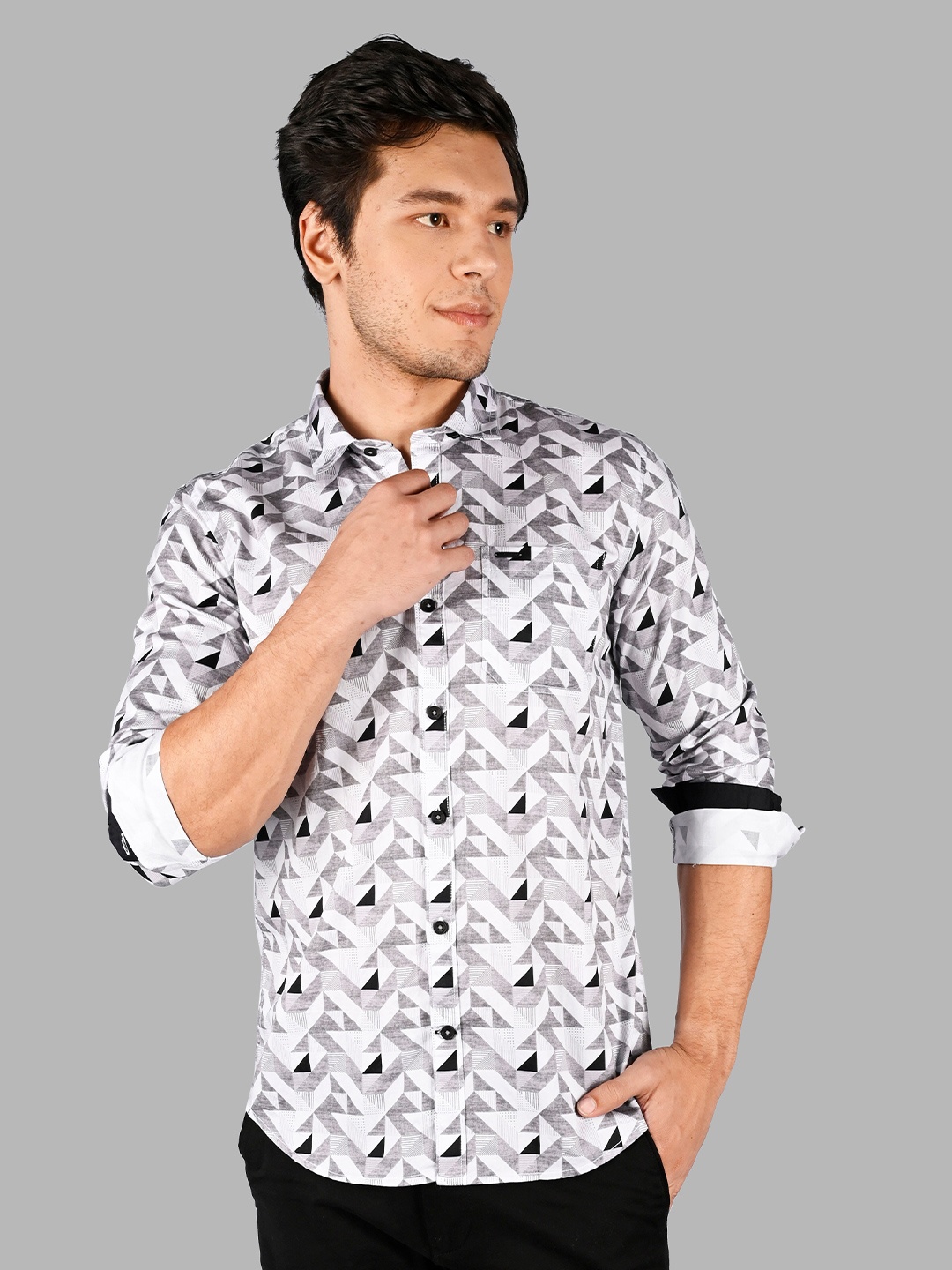 

TIM PARIS Comfort Geometric Printed Cotton Casual Shirt, Grey