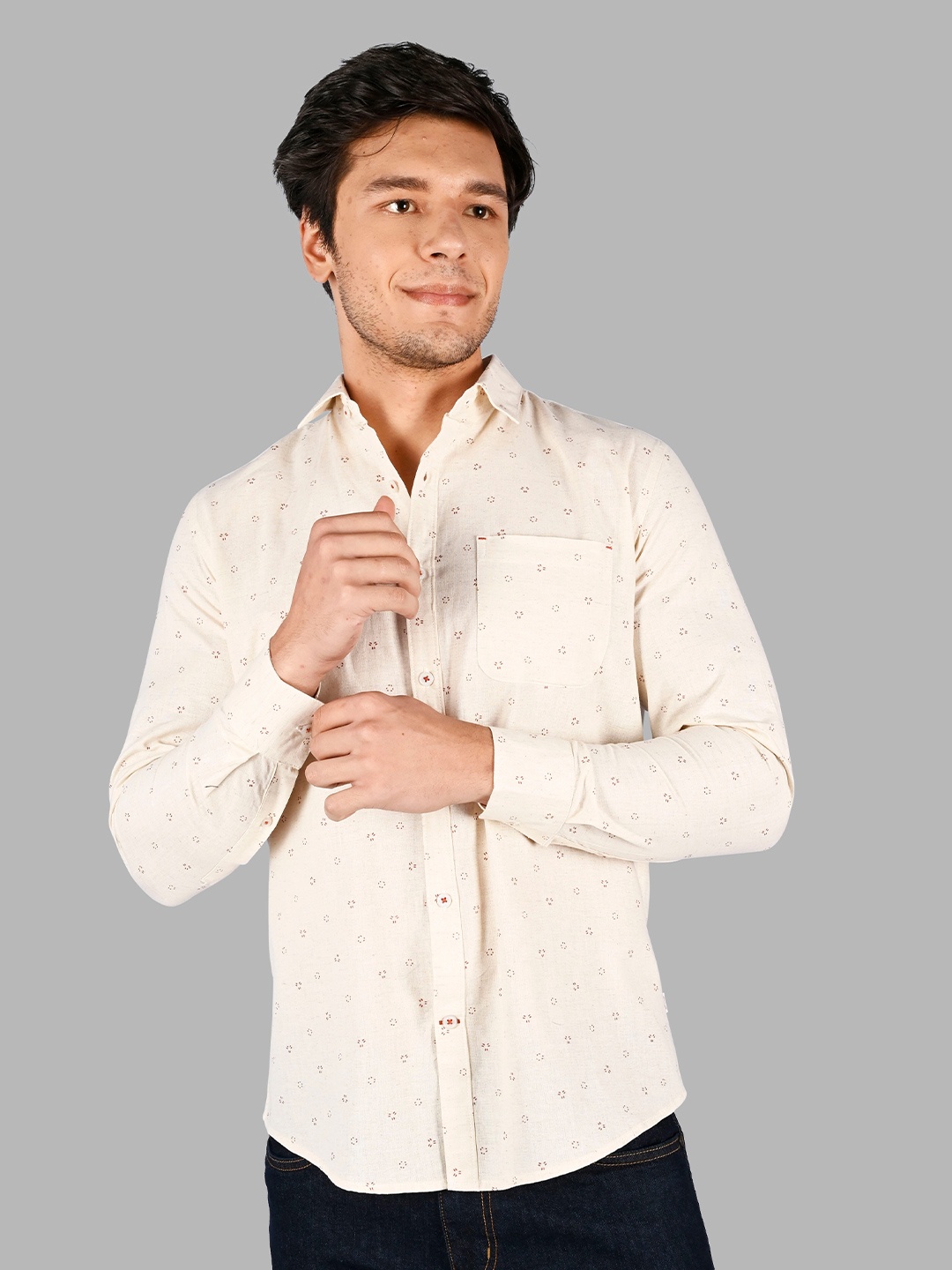 

TIM PARIS Comfort Micro Ditsy Printed Cotton Casual Shirt, Beige