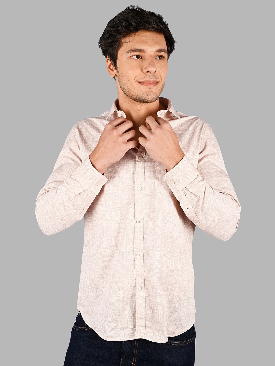 

TIM PARIS Comfort Regular Fit Ethnic Motifs Long Sleeve Cotton Casual Shirt, Peach
