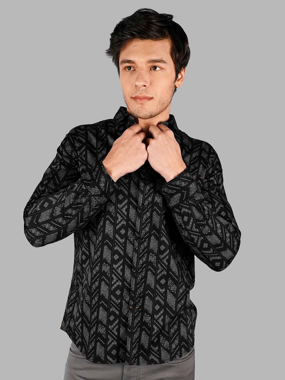 

TIM PARIS Comfort Ethnic Motif Printed Cotton Casual Shirt, Black