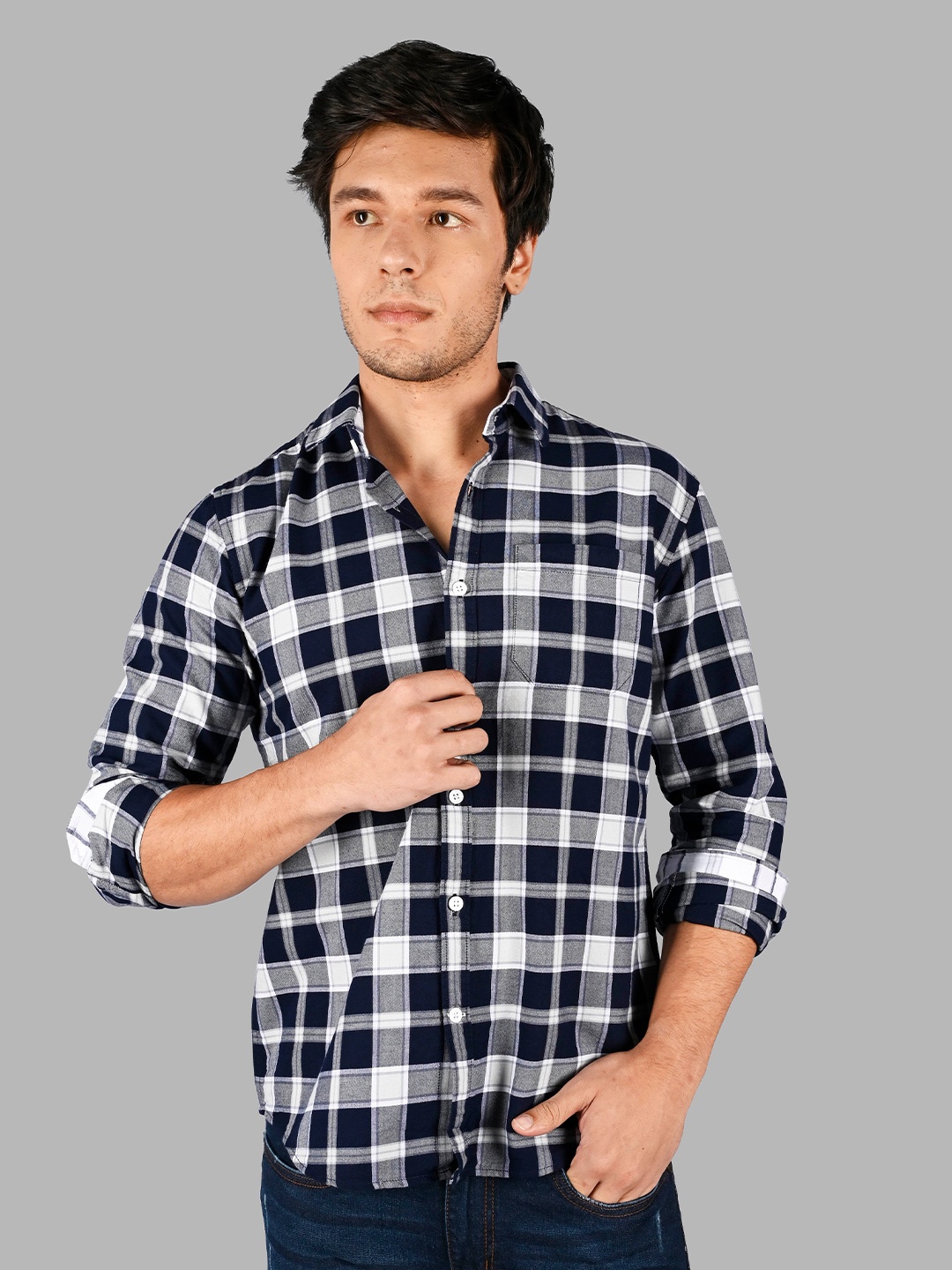 

TIM PARIS Comfort Tartan Checked Cotton Casual Shirt, Navy blue
