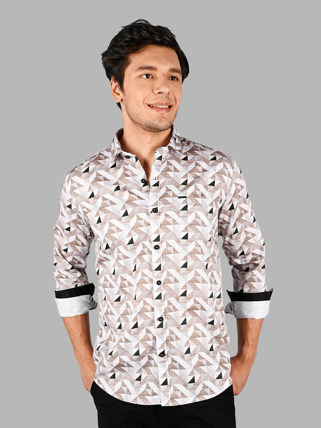 

TIM PARIS Comfort Geometric Printed Cotton Casual Shirt, Brown