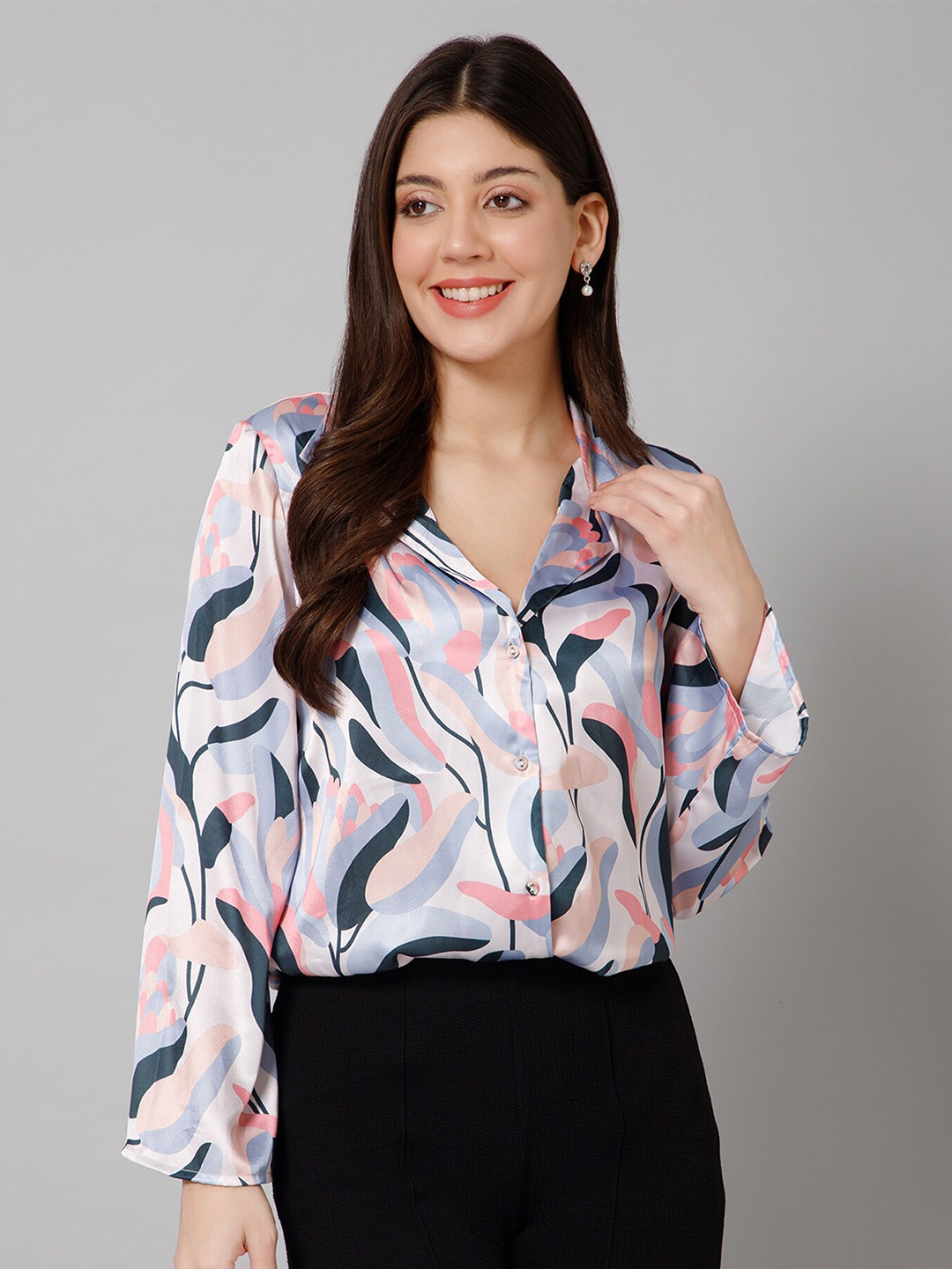 

PURYS Relaxed Abstract Printed Satin Casual Shirt, Off white