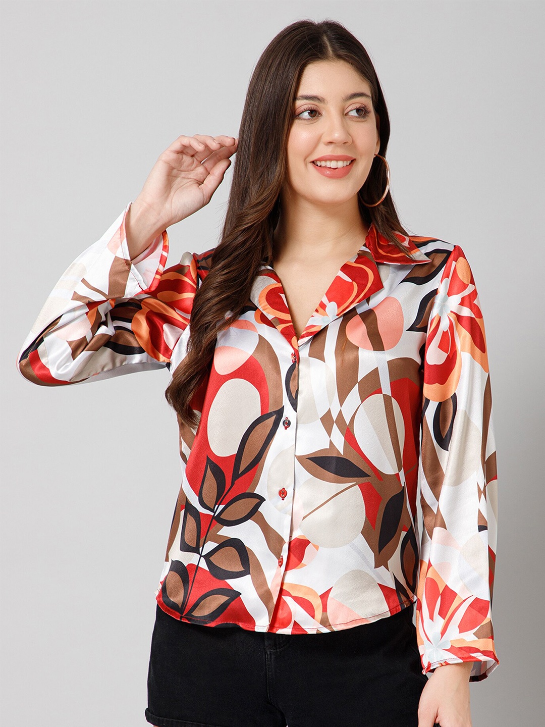 

PURYS Relaxed Abstract Printed Satin Casual Shirt, Red