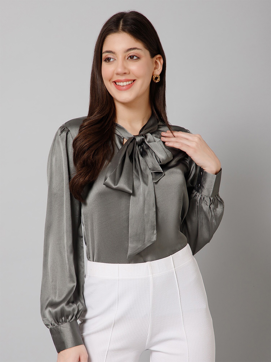 

PURYS Grey Tie-Up Neck Cuffed Sleeves Satin Shirt Style Top
