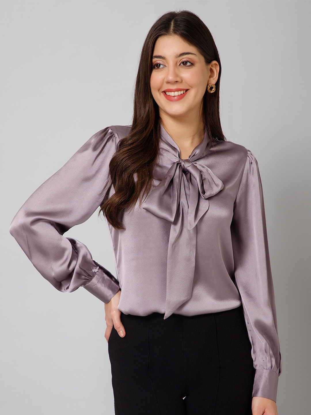 

PURYS Tie-Up Neck Cuffed Sleeves Satin Shirt Style Top, Lavender
