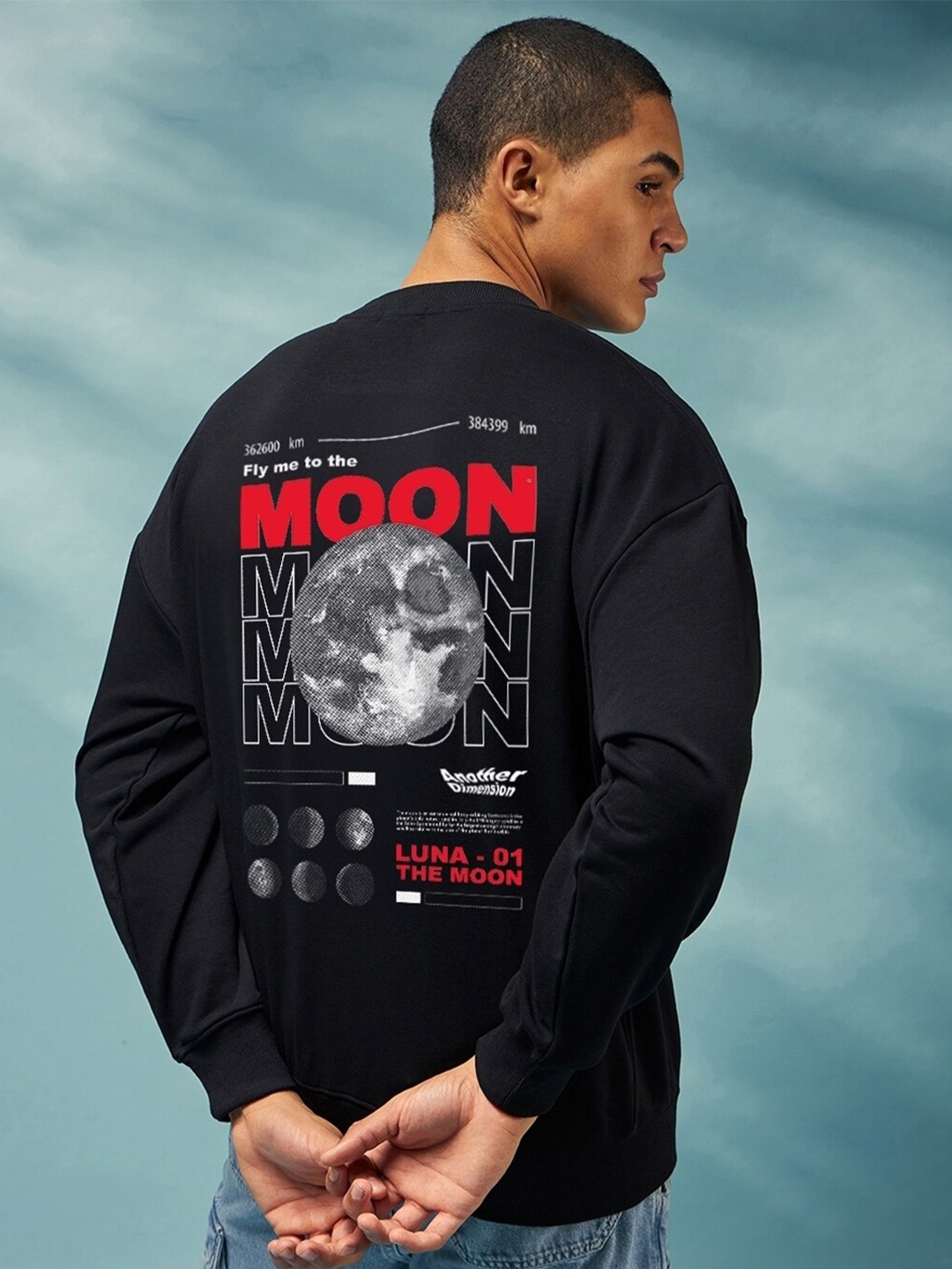 

Bewakoof Fly Me To The Moon Graphic Printed Oversized Sweatshirt, Black