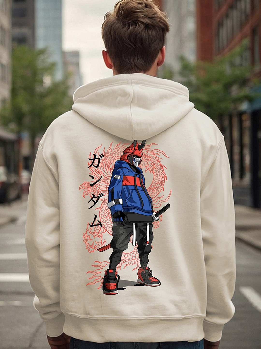 

Bewakoof Gardenia Cyber Samurai Graphic Printed Oversized Sweatshirt, Cream