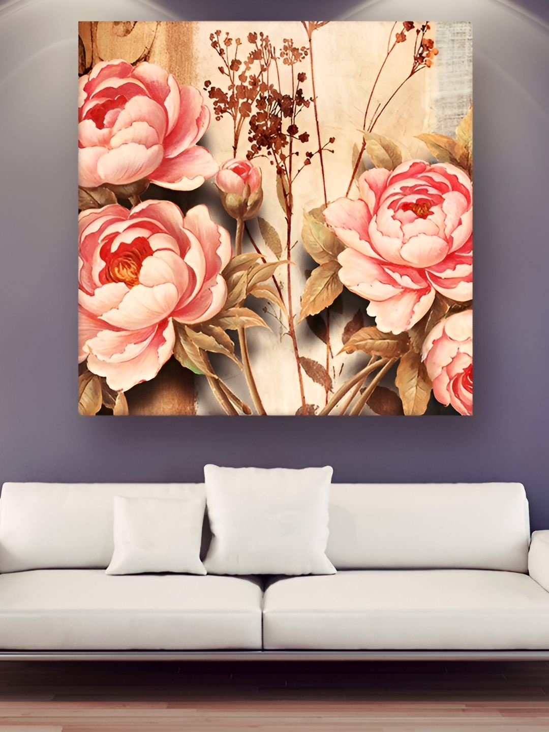 

Casperme Peach Coloured & Beige Floral Canvas Framed Painting Wall Art