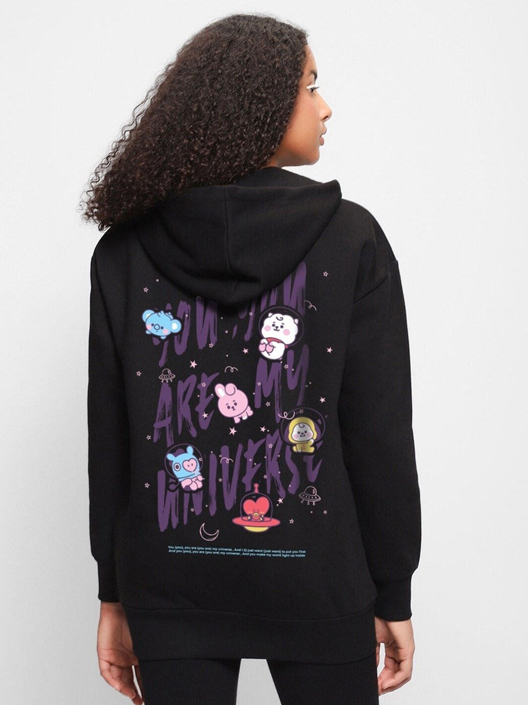 

Bewakoof BTS My Universe Printed Hooded Cotton Pullover, Black