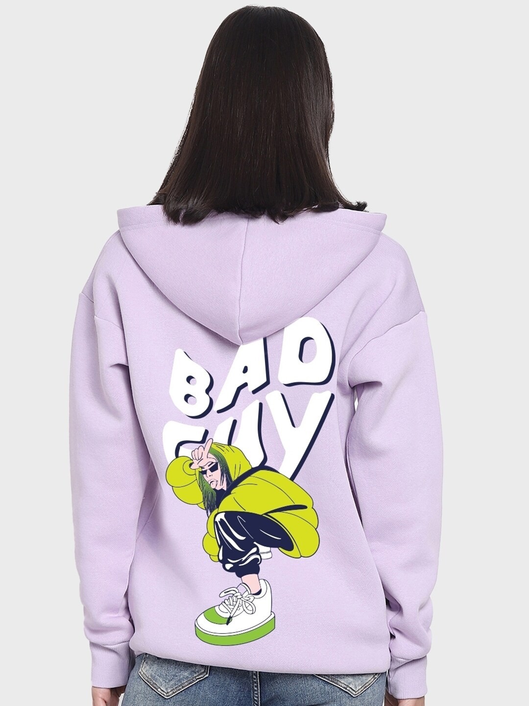 

Bewakoof Purple Bad Guy Billie Graphic Printed Hooded Oversized Fleece Pullover Sweatshirt