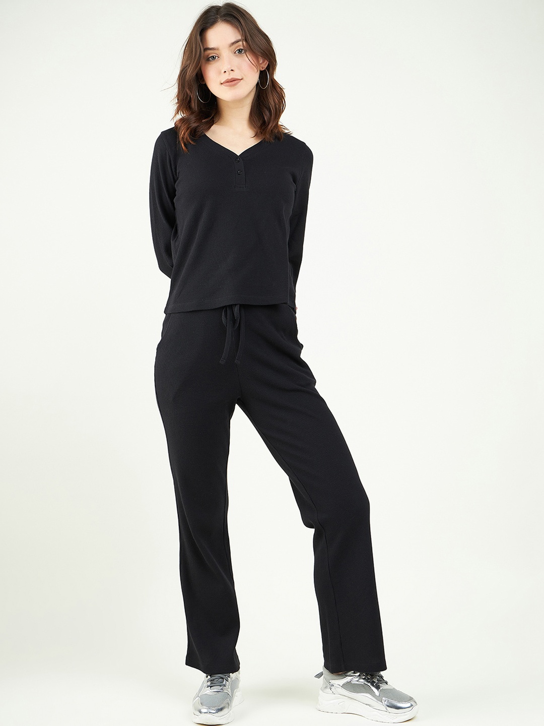

Strong And Brave V-Neck Regular Fit Top & Flared Trouser, Black