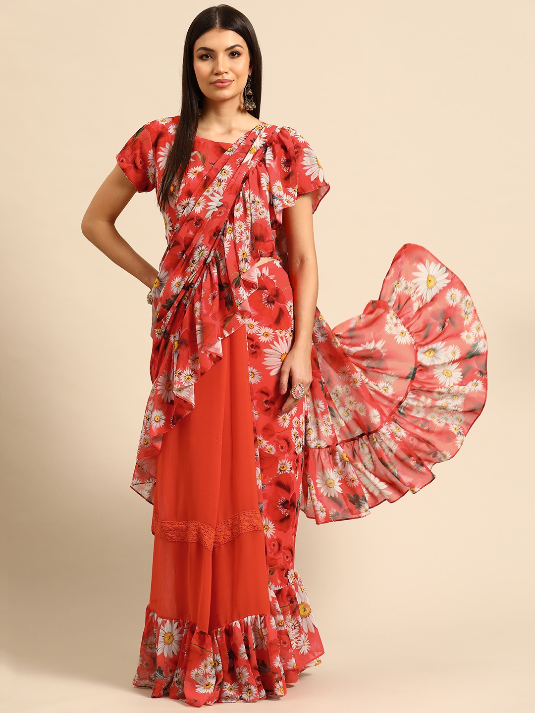 

Simaaya Floral Ruffle Pure Georgette Saree, Red