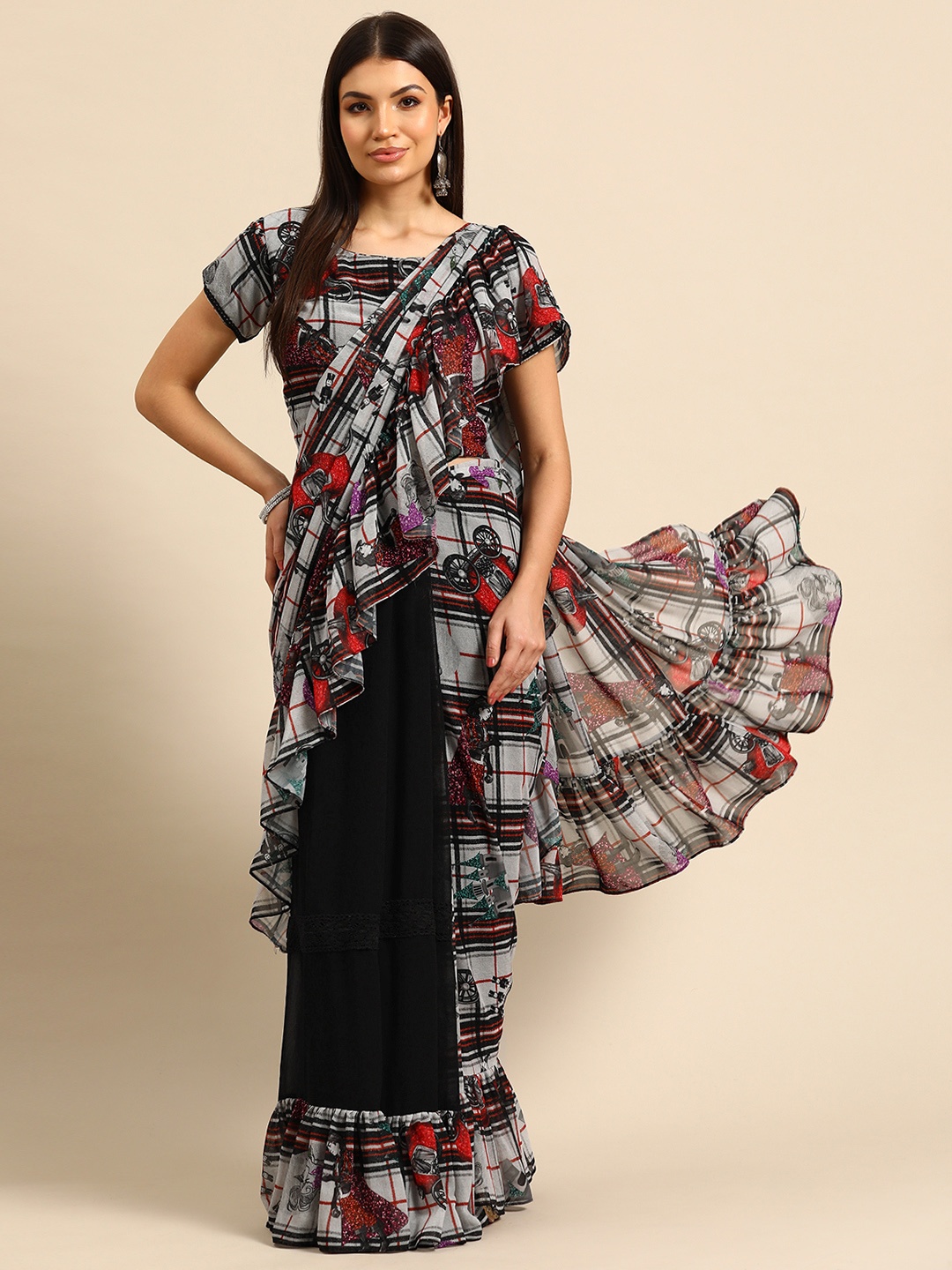 

Simaaya Printed Ruffled Pure Georgette Saree, Black