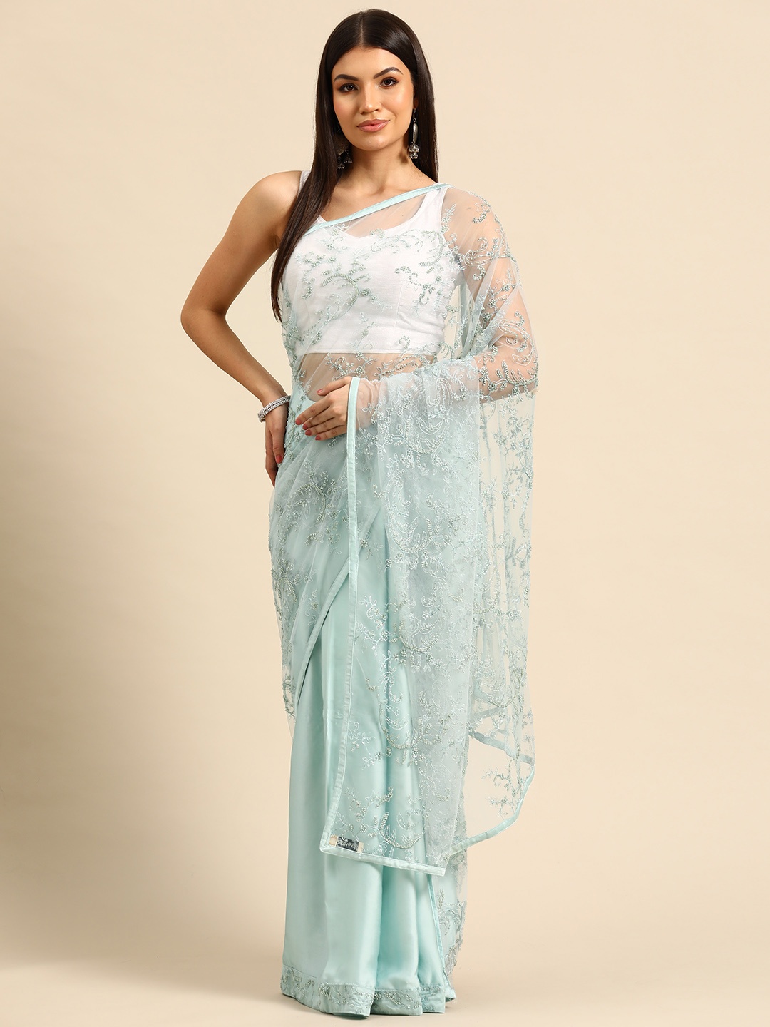 

Simaaya Floral Embroidered Net Saree, Turquoise blue