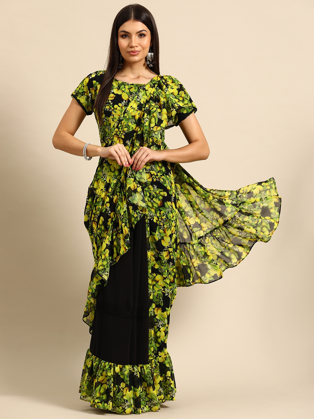 

Simaaya Floral Printed Ruffled Pure Georgette Saree, Green