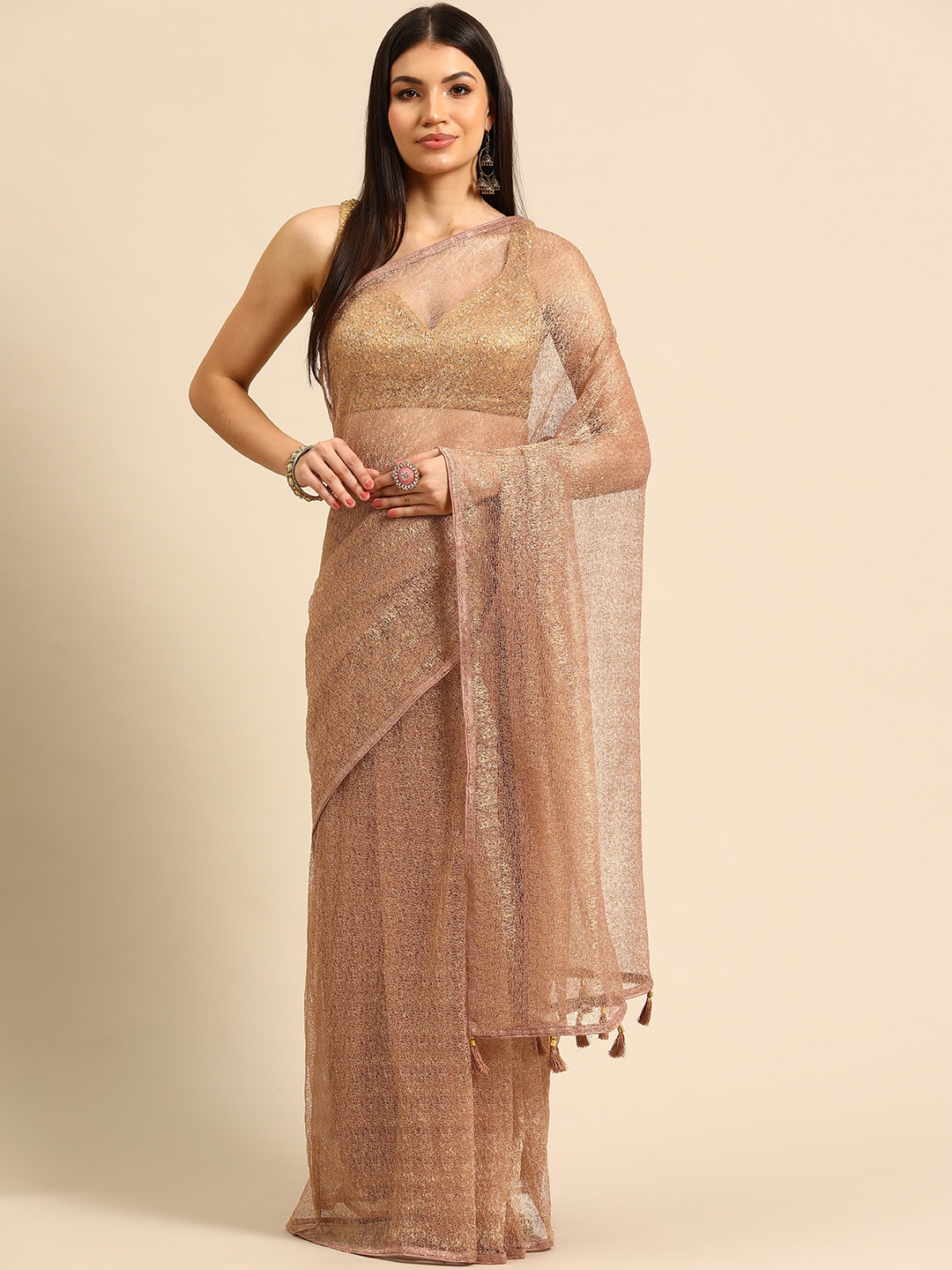 

Simaaya Embroidered Net Saree, Copper