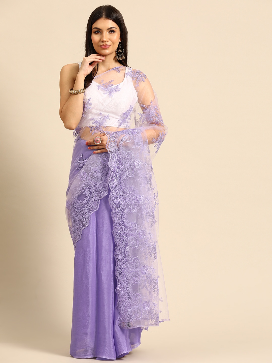 

Simaaya Floral Embroidered Net Saree, Purple