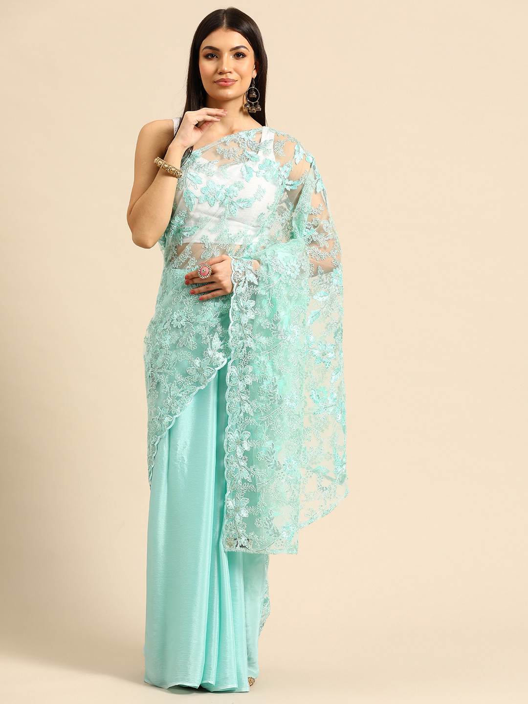 

Simaaya Floral Sequinned Net Saree, Sea green