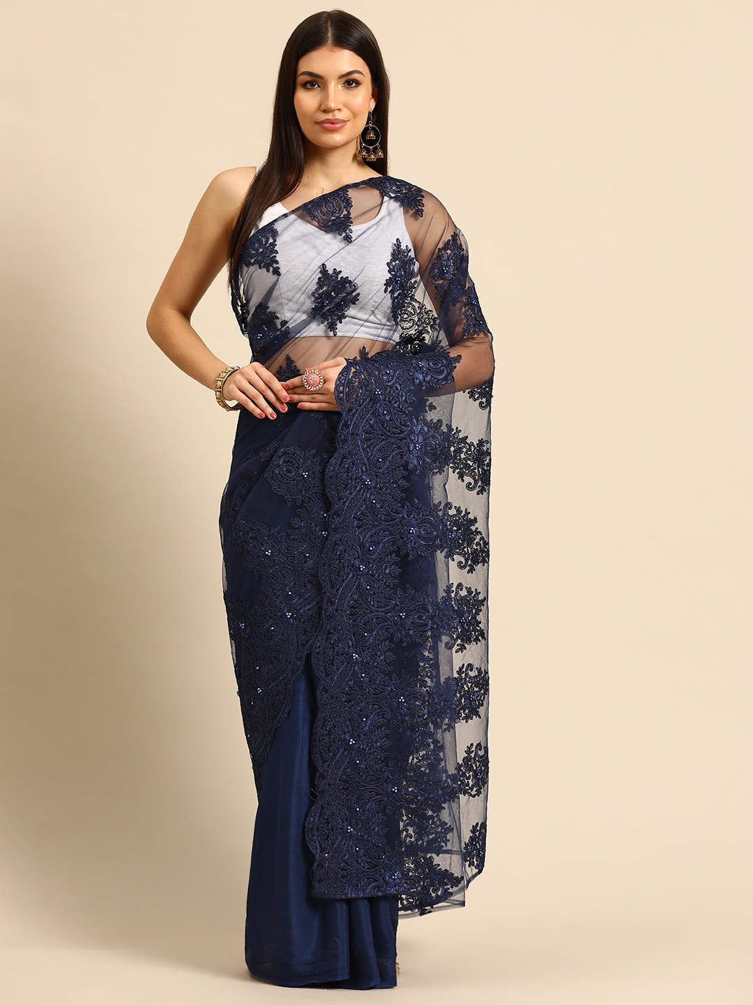 

Simaaya Floral Beads & Stones Net Saree, Navy blue