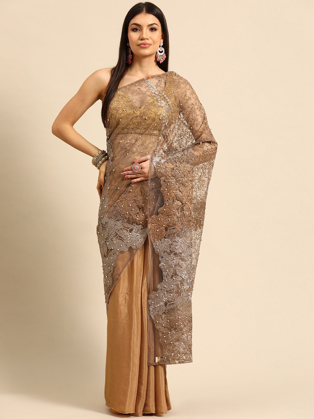 

Simaaya Floral Beads & Stones Net Saree, Bronze