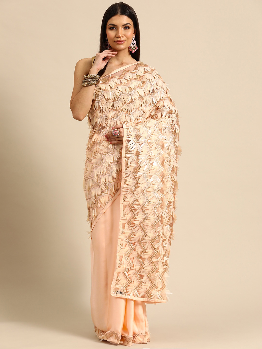 

Simaaya Sequinned Net Saree, Peach