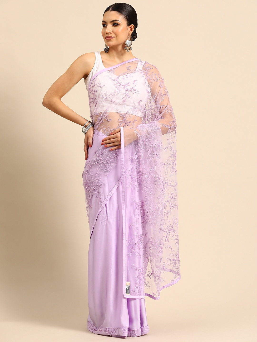 

Simaaya Floral Beads & Stones Net Saree, Purple