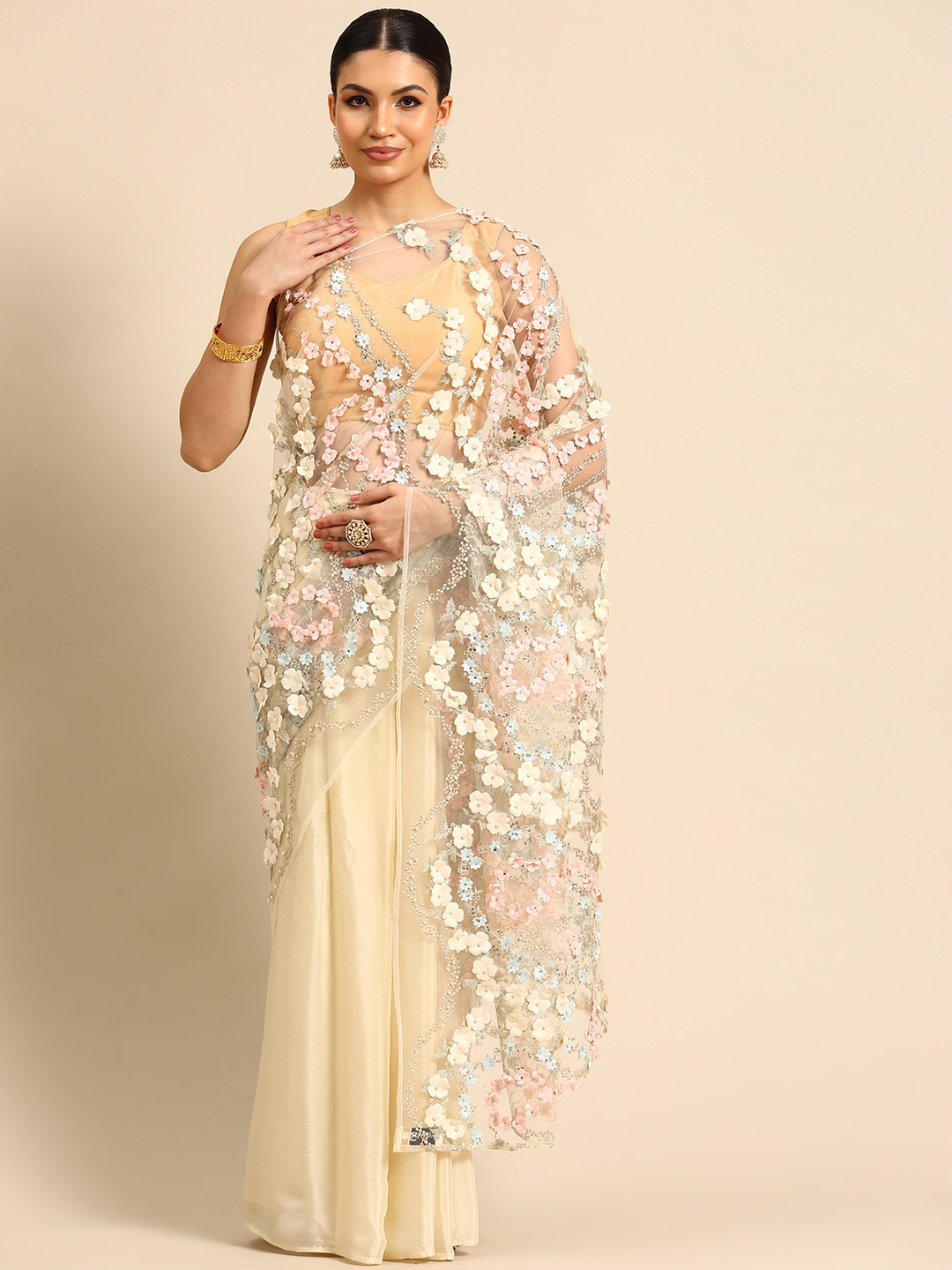 

Simaaya Floral Beads & Stones Net Saree, Beige