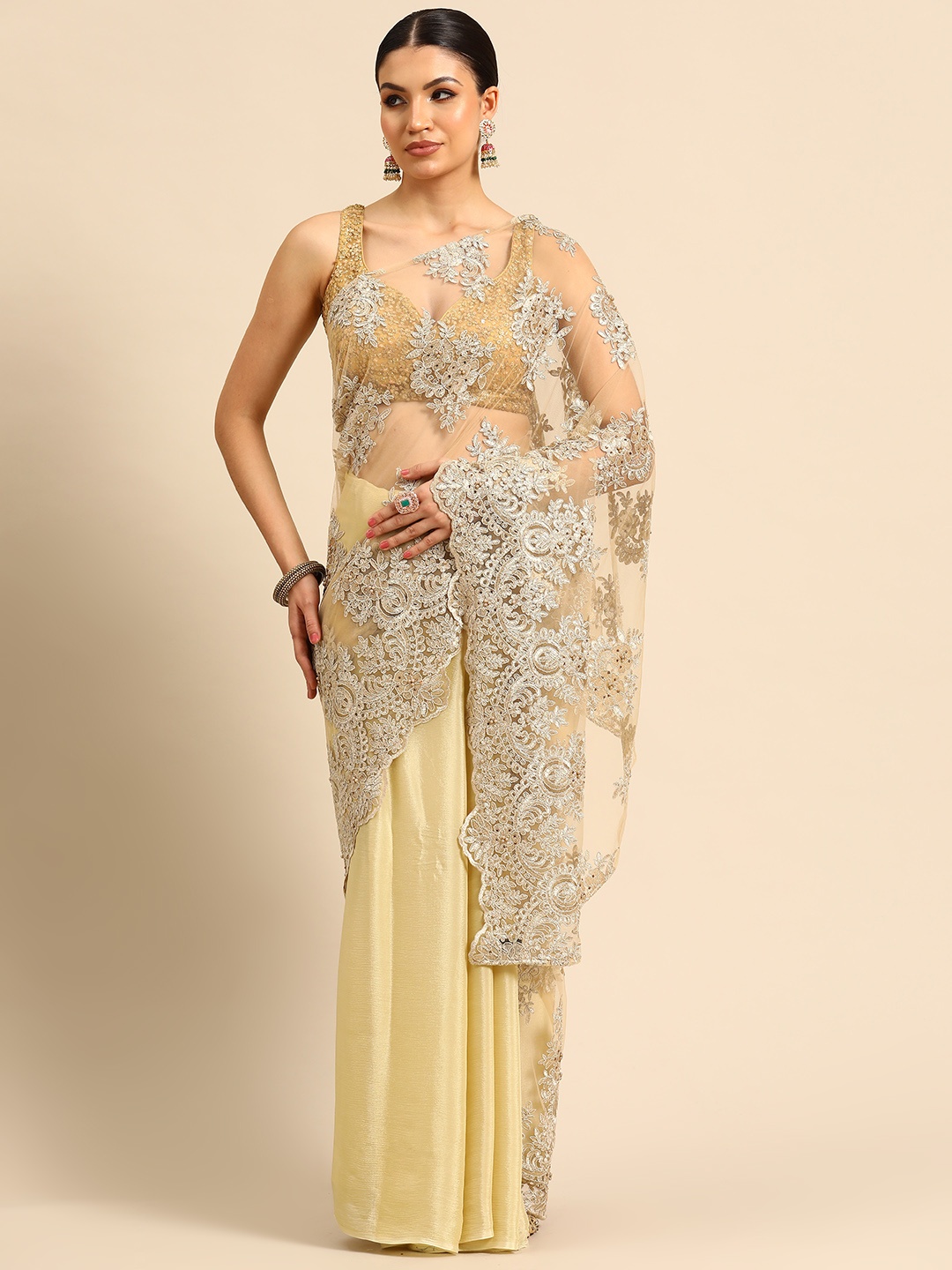 

Simaaya Floral Embroidered Net Saree, Beige