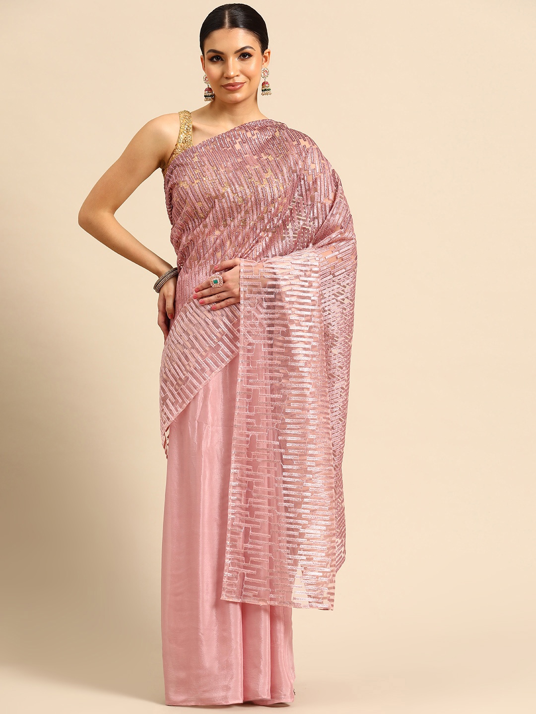 

Simaaya Embroidered Embellished Sequinned Net Saree, Pink