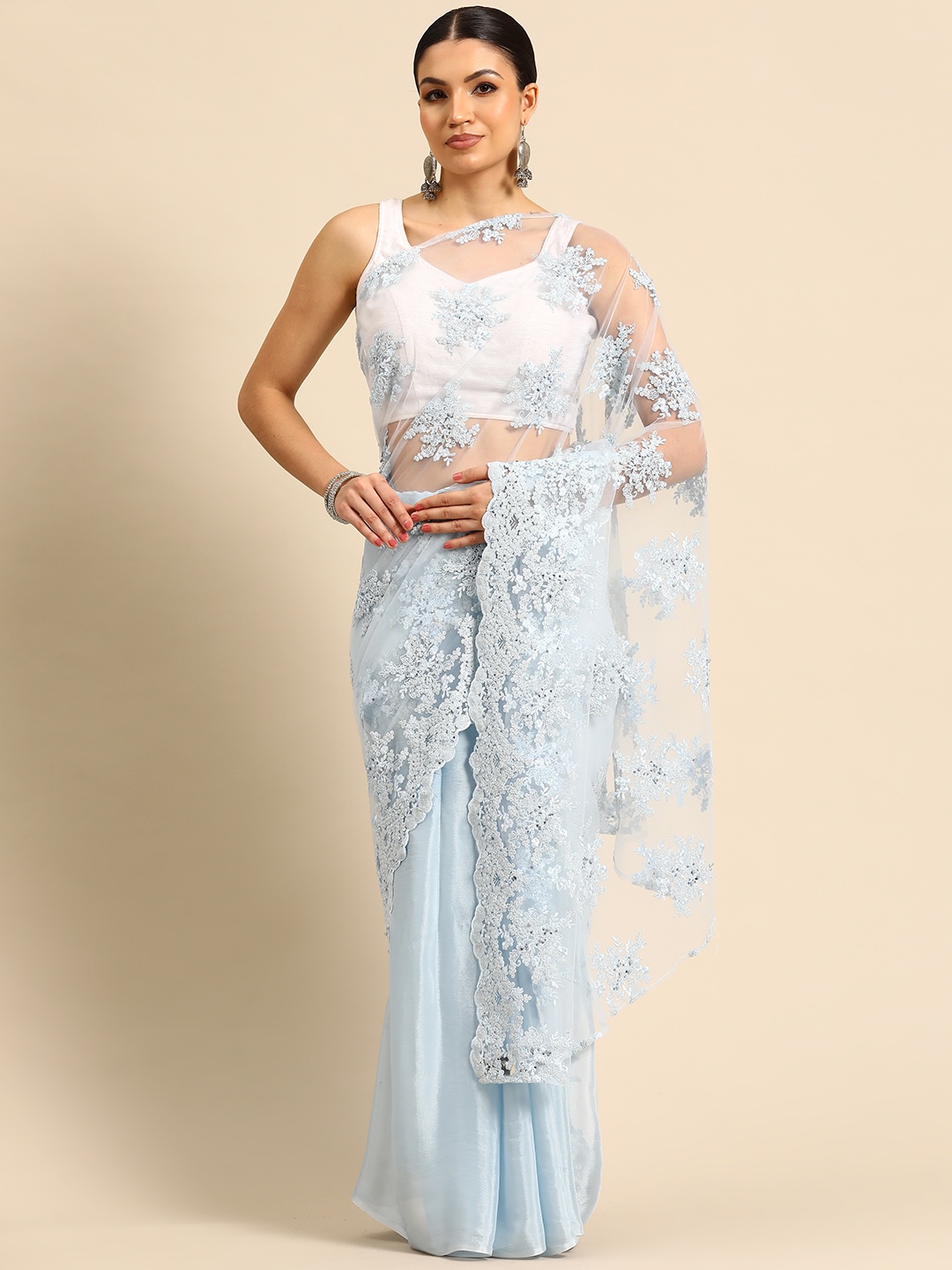 

Simaaya Floral Embroidered Net Saree, Blue