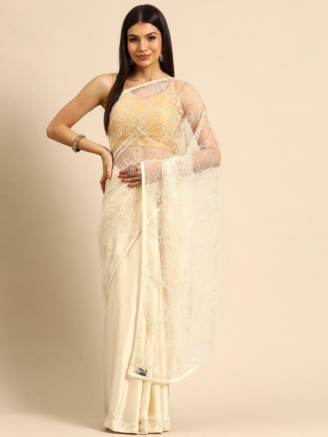 

Simaaya Floral Embroidered Net Saree, Off white