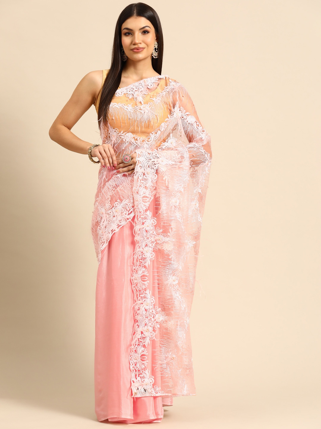 

Simaaya Floral Embroidered Net Saree, Peach