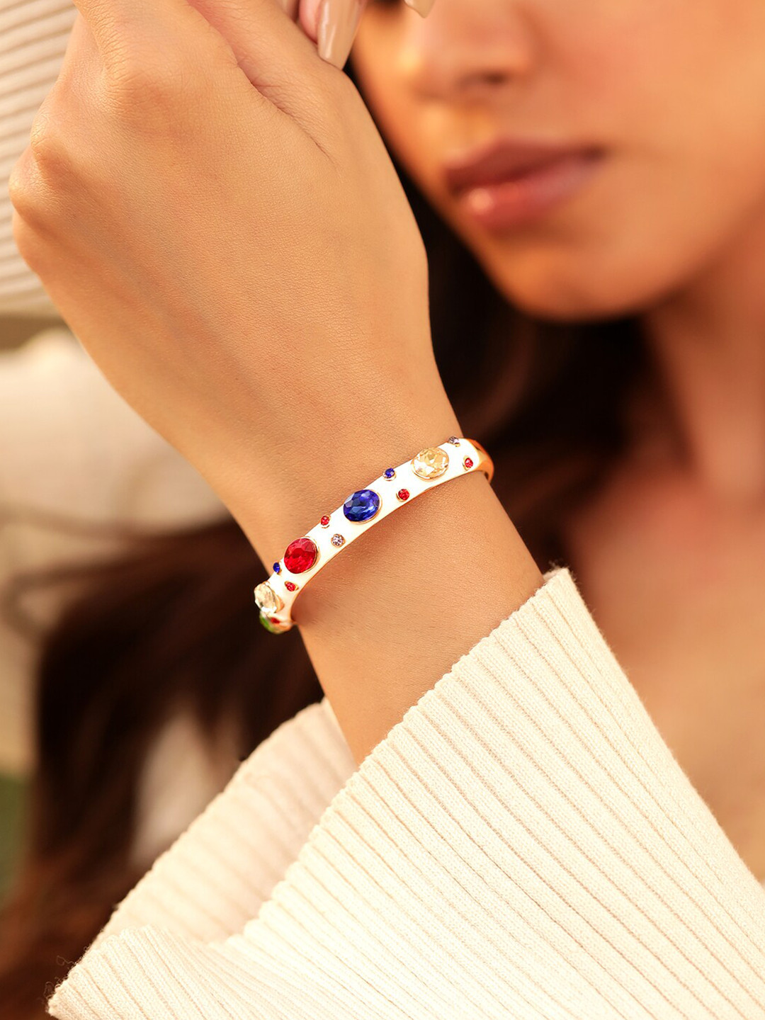 

Rubans Voguish 18K Gold Plated White Enamel Painted Multicolor Stone Studed Cuff Bracelet