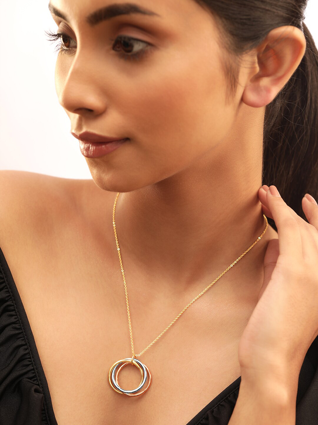 

Rubans Voguish 18K Gold Plated Triple Tone Gold, Copper & Silver Interlock Circle Pendant