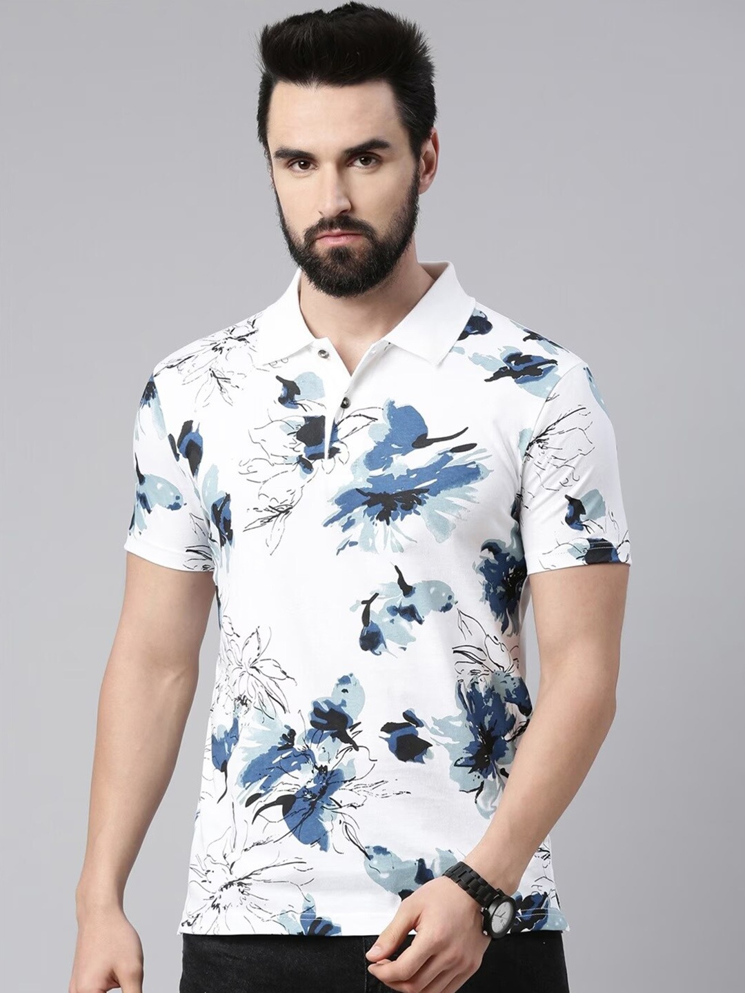 

Kryptic Floral Printed Pure Cotton Polo Collar T-shirt, White