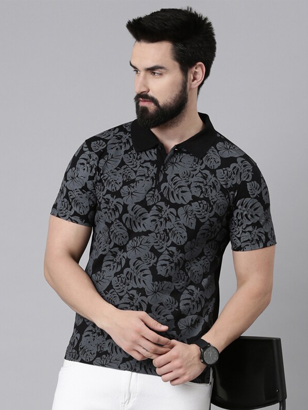 

Kryptic Tropical Printed Polo Collar Pure Cotton T-shirt, Black