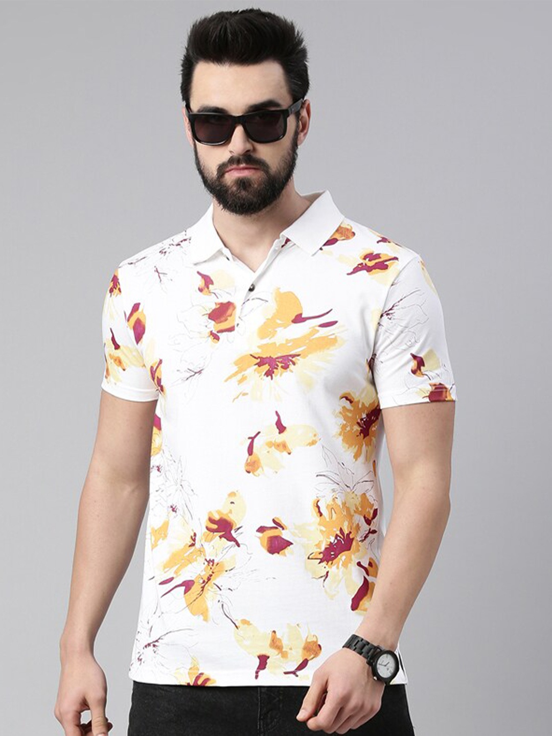 

Kryptic Floral Printed Polo Collar Pure Cotton T-shirt, Maroon