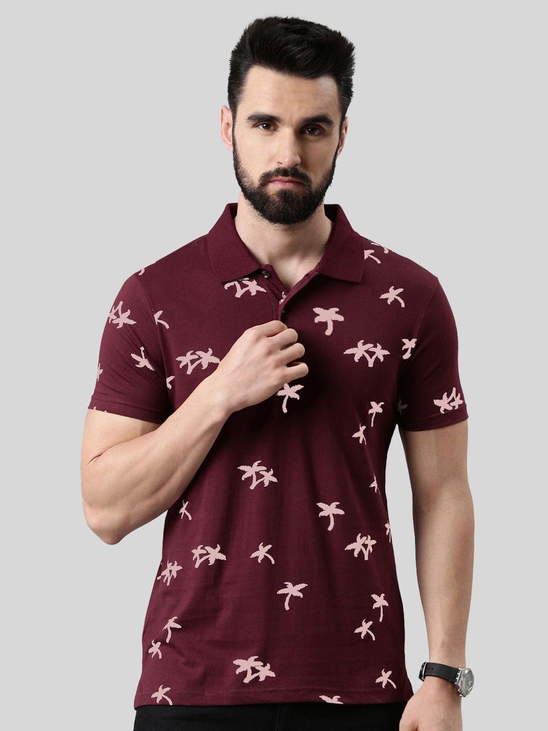 

Kryptic Tropical Printed Polo Collar Pure Cotton T-shirt, Maroon