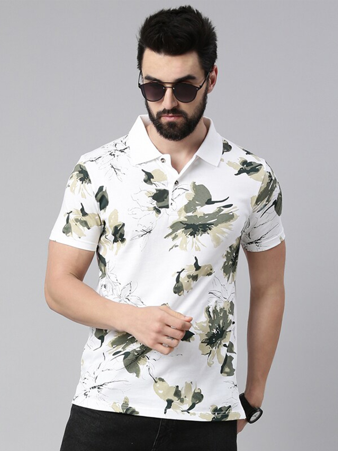

Kryptic Floral Printed Polo Collar Pure Cotton T-shirt, Olive