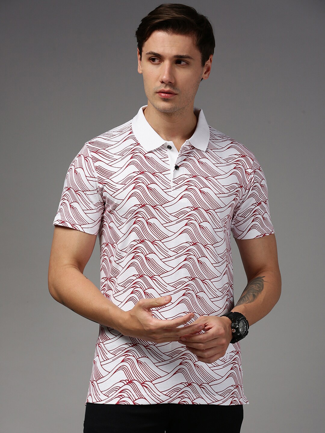 

Kryptic Abstract Printed Polo Collar Pure Cotton T-shirt, White