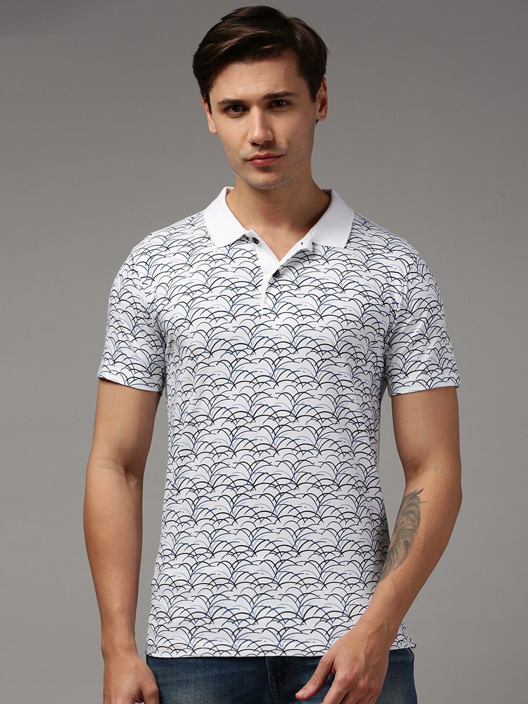 

Kryptic Abstract Printed Polo Collar Cotton T-shirt, White