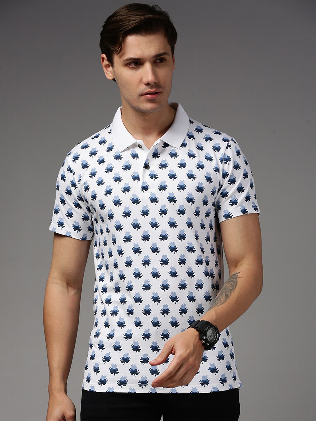 

Kryptic Floral Printed Polo Collar Pure Cotton T-shirt, White