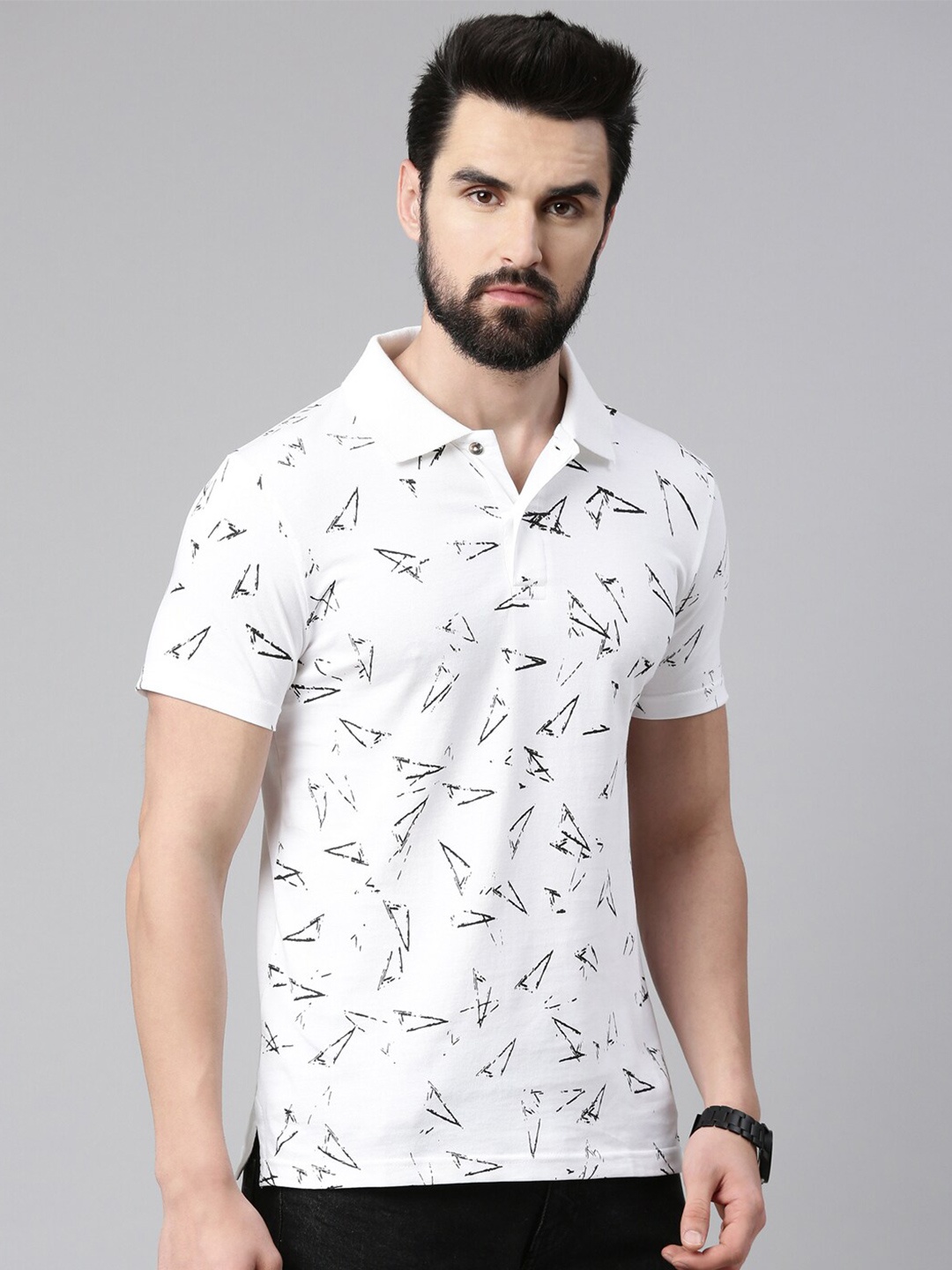 

Kryptic Geometric Printed Polo Collar Pure Cotton T-shirt, White